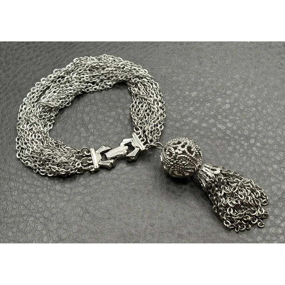 Vintage Silver Tone Multi-Strand Chain Bracelet Ornate Filigree Tassel Charm